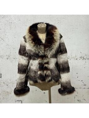 Vintage Y2K Grey Brown Striped Rabbit & Fox Fur Jacket